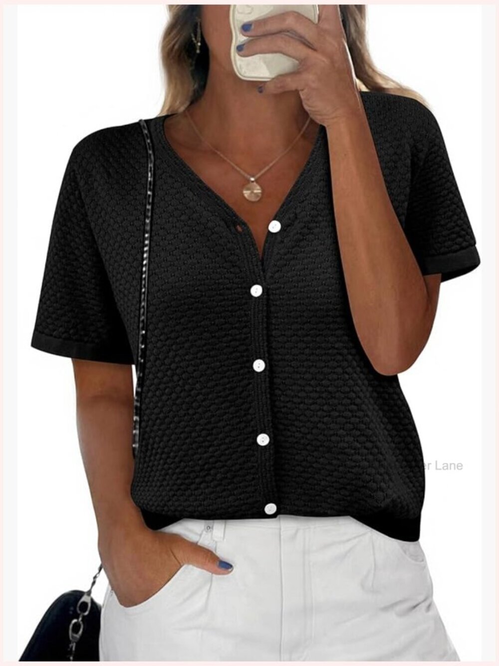 Short Sleeve Crochet Knit V-Neck Striped Button Down Sweater Top